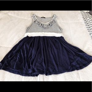 Navy Blue, white, and gray blouse